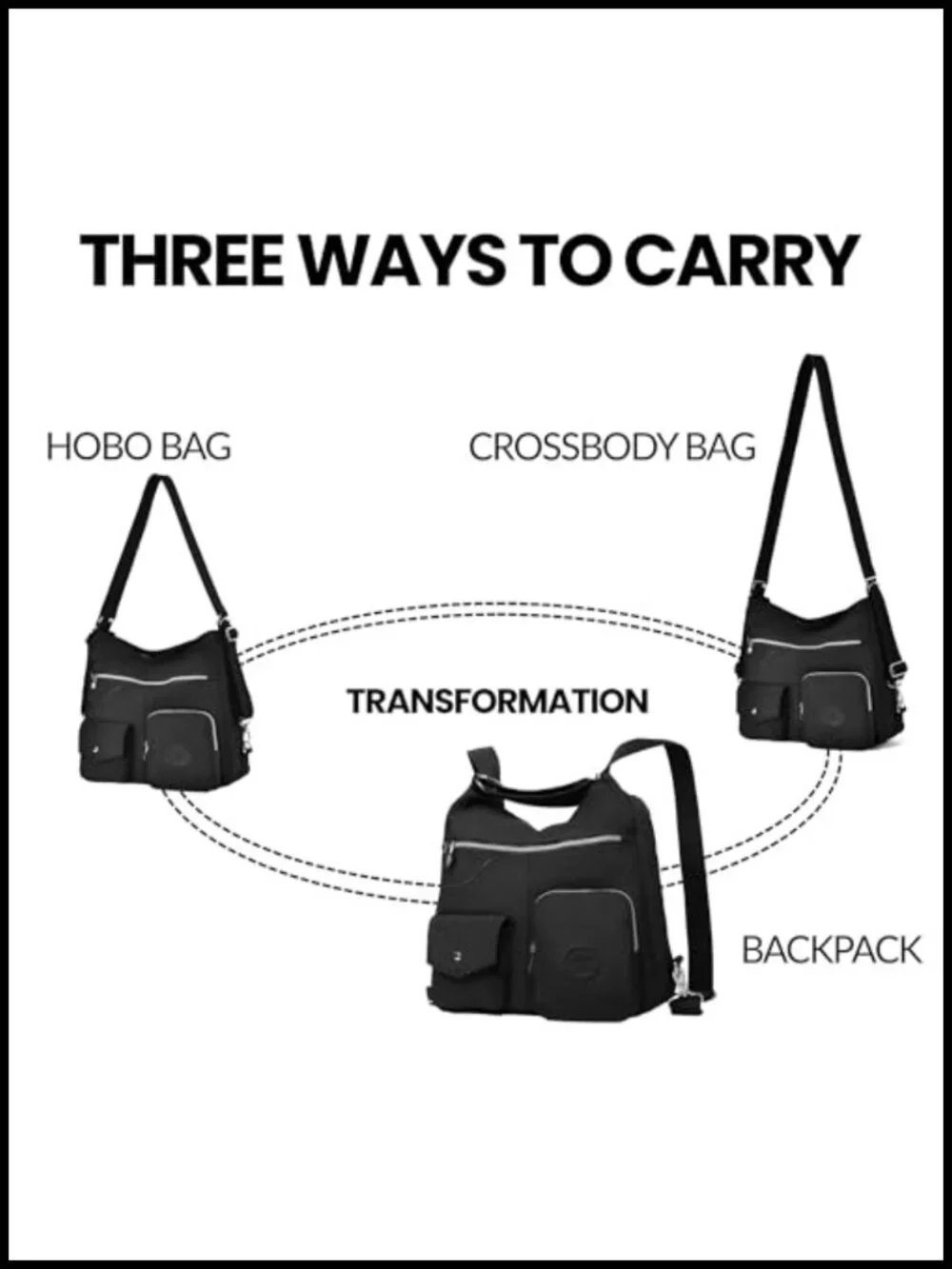 Multipurpose Hobo Purse Waterproof Nylon Crossbody Shoulder Bag Convertible